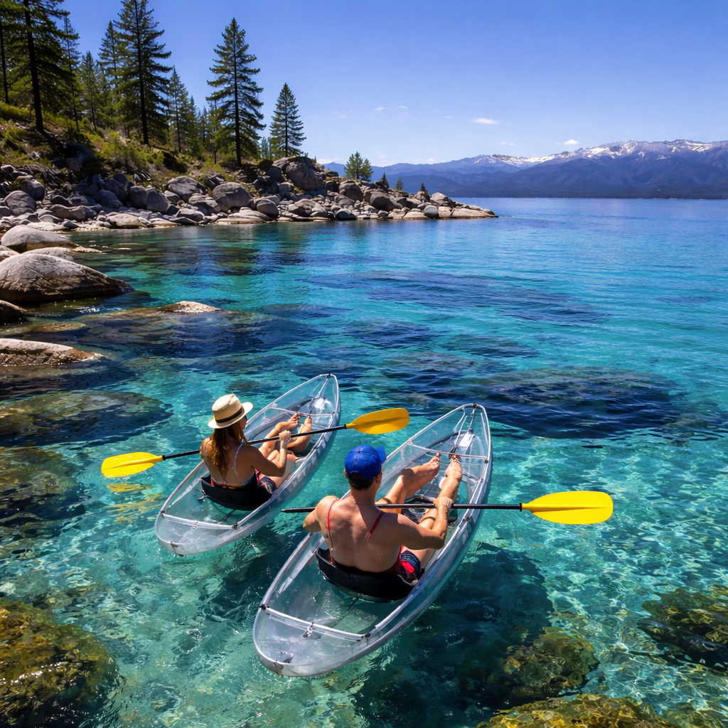 Kayaking in Reno Tahoe on clear alpine water with mountain scenery