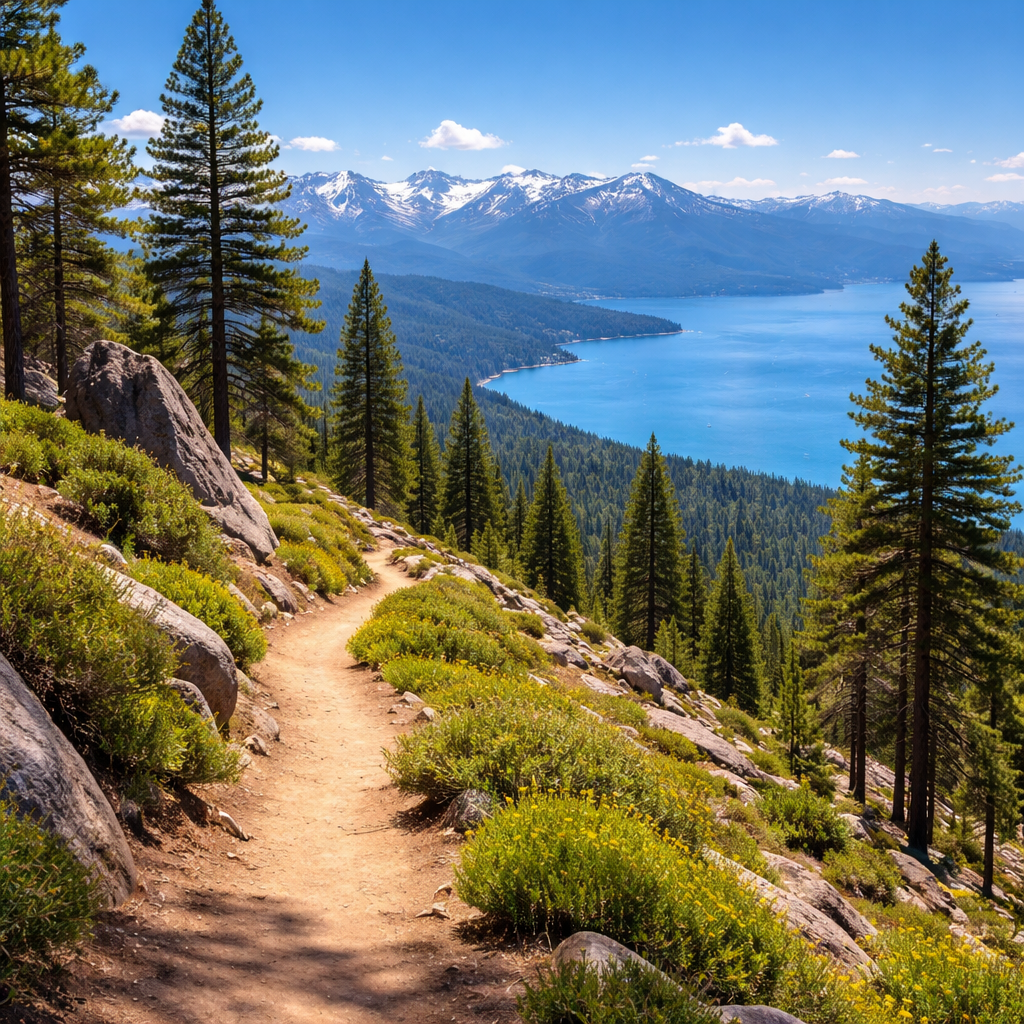 Hiker walking along a mountain trail overlooking Lake Tahoe with pine trees and alpine scenery.