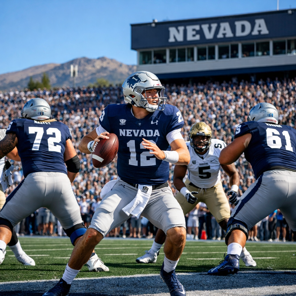 Nevada Wolf Pack football players in action at Mackay Stadium in Reno Nevada during a college game