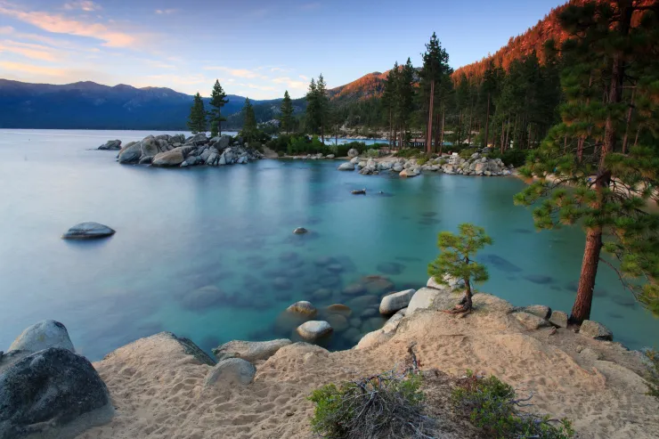 Northern Nevada lake beaches featuring Lake Tahoe, Pyramid Lake, Donner Lake, and surrounding mountain and desert scenery